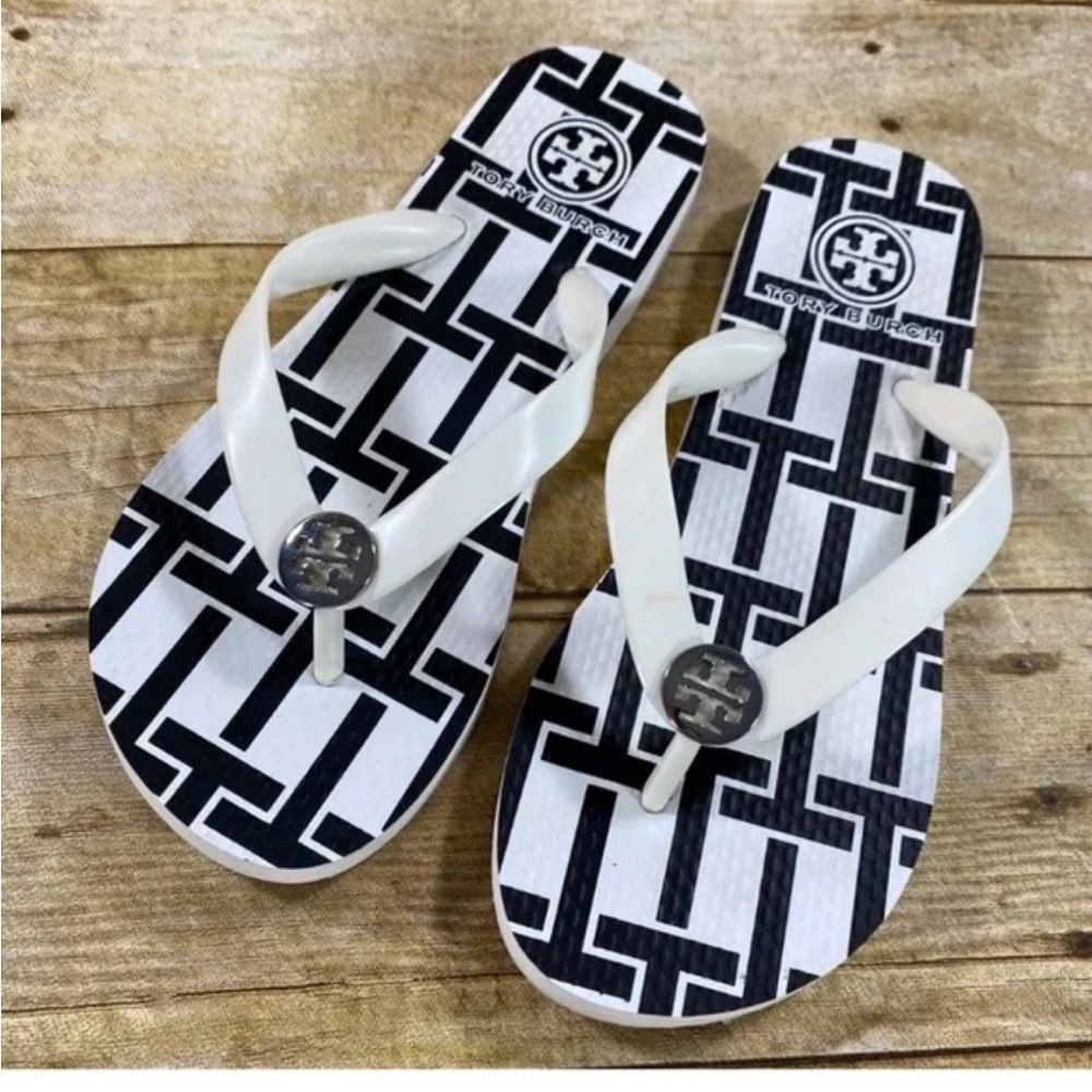 Tory Burch White & Black Logo Flip Flops size 10
